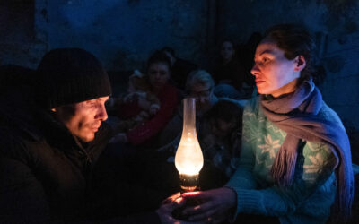 People take shelter in a youth theater in Mariupol, Ukraine, March 6, 2022. Still from FRONTLINE PBS and AP’s feature film “20 Days in Mariupol.” CREDIT: (AP Photo/Mstyslav Chernov)